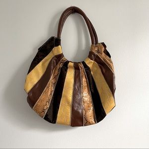 4/$25 Chateau Boho Patchwork U Shaped Faux Leather Shoulder Bag in Brown Yellow